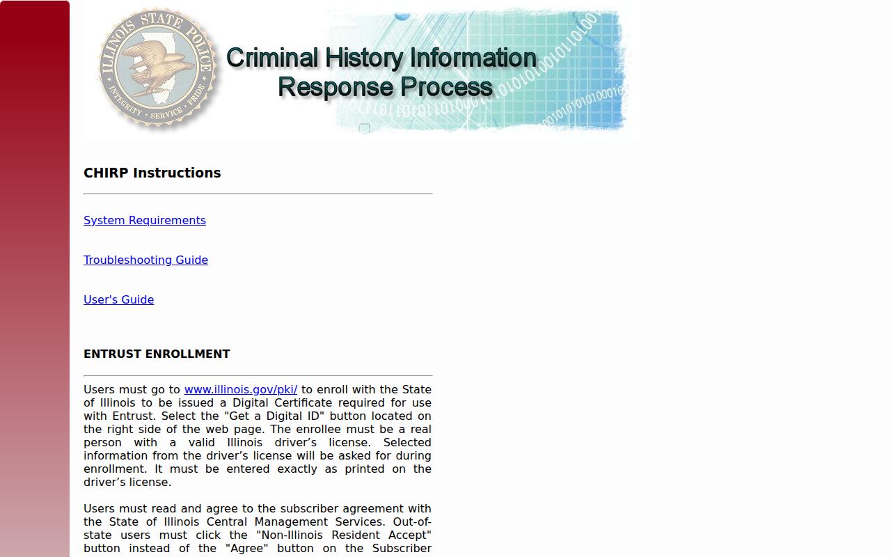 Illinois CHIRP criminal history portal login page